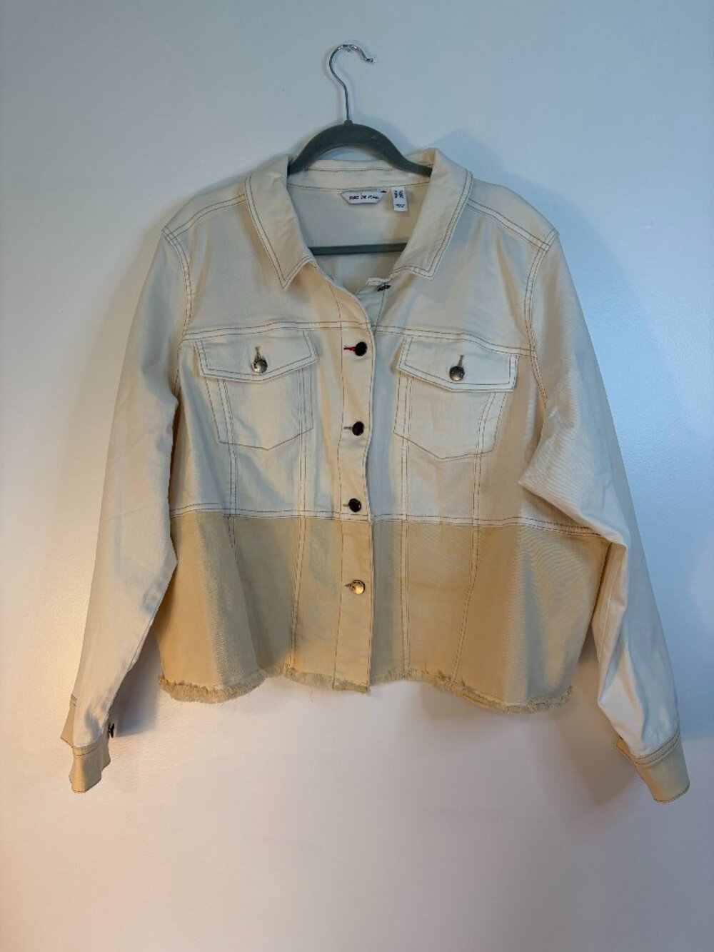 Peace Love World White Tan Long Sleeve Denim Cropped Jacket